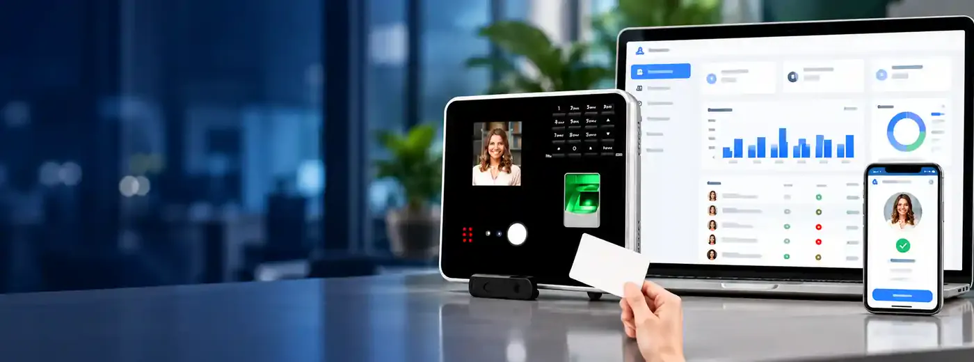 Cloud Time Clock terminal with the attendance dashboard on a laptop and mobile phone