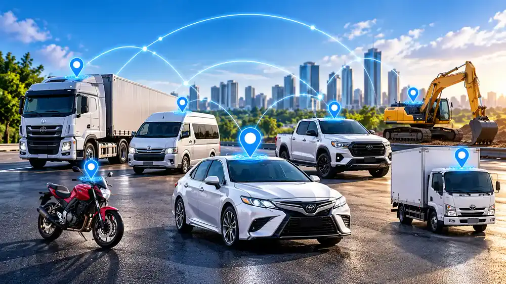 Truck, van, car, pickup, motorcycle and excavator each marked with a GPS location pin