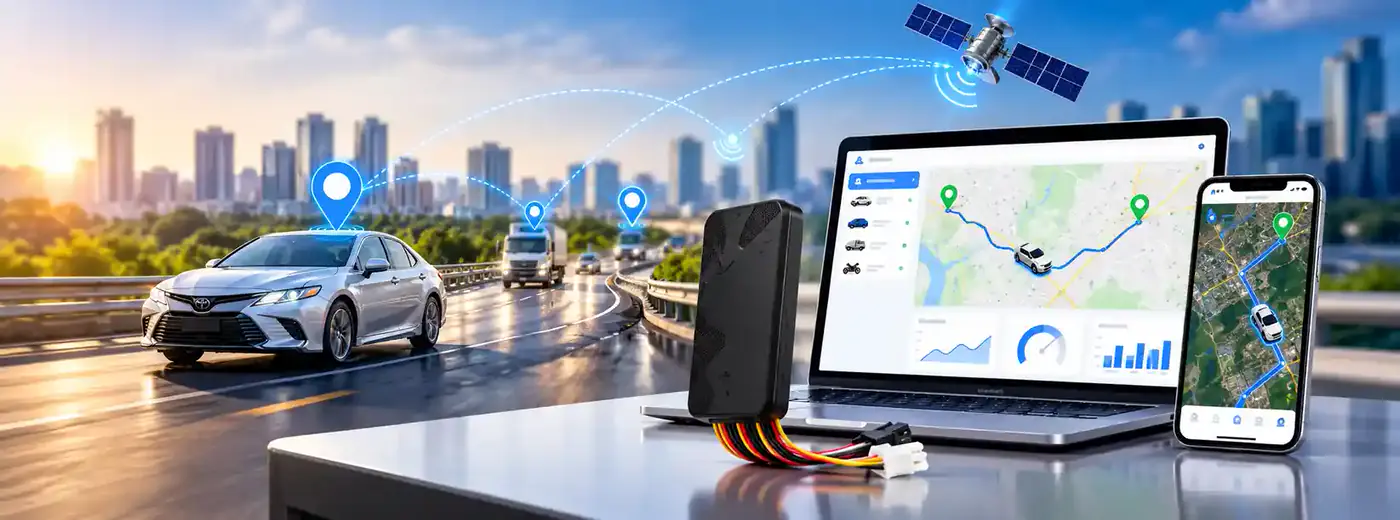 GPS tracker device beside a laptop and phone showing a vehicle's route on a map