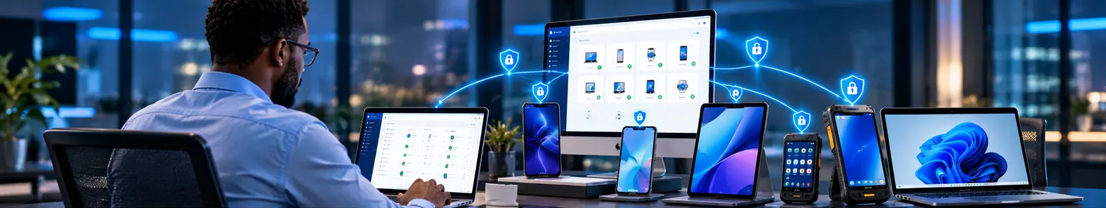 IT administrator managing phones, tablets, rugged handhelds and laptops, each protected by a security lock, from one dashboard