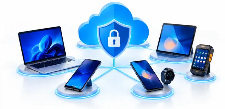 Laptops, tablets, smartphones, a smartwatch and a rugged handheld connected to a secure cloud management platform