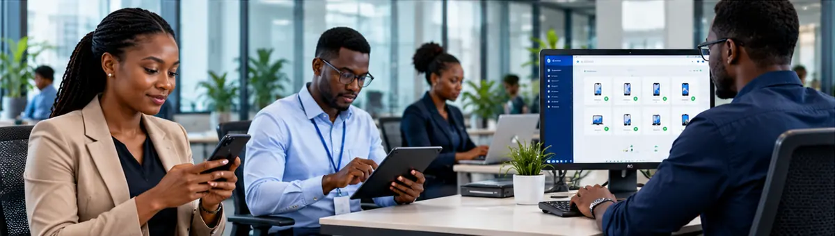 Employees working on smartphones and tablets while an IT administrator monitors managed devices on a desktop dashboard