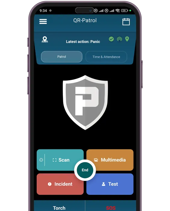 QR-Patrol guard app with scan, multimedia, incident and SOS buttons