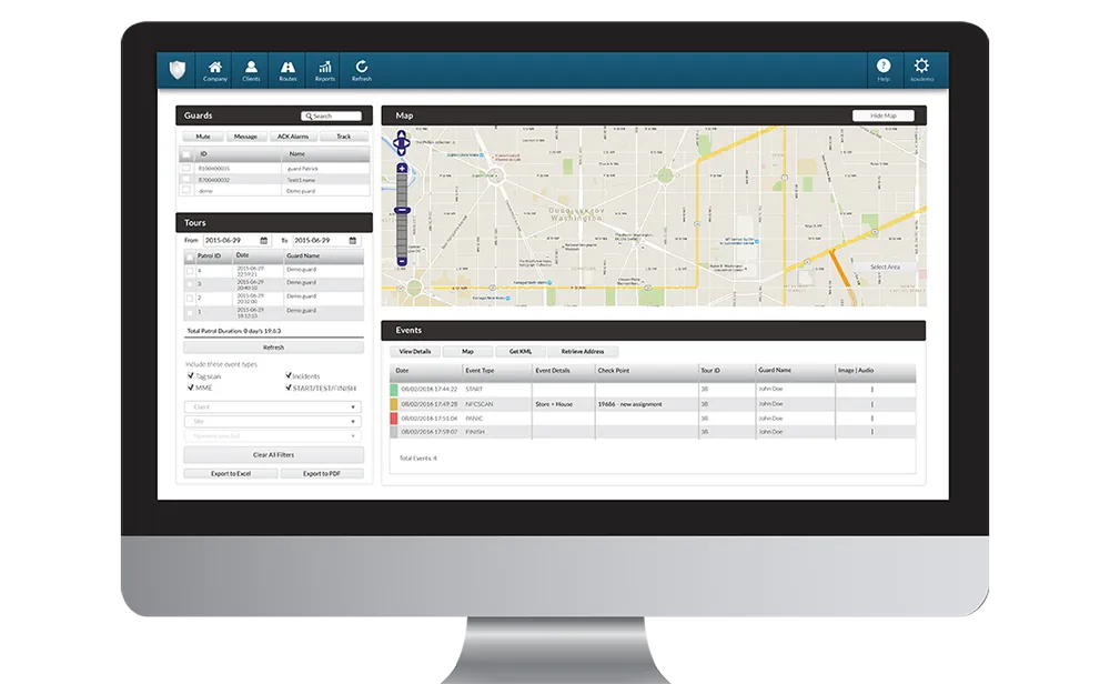 QR-Patrol web application showing a patrol map and event log