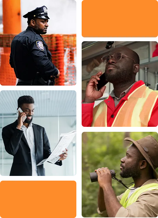 Security officers and field workers using mobile phones on the job
