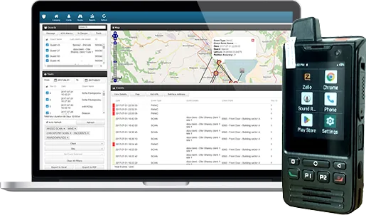 Trifokal 2-Way Radio in front of a laptop showing the QR-Patrol monitoring dashboard