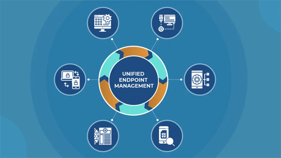 Diagram of a central Unified Endpoint Management platform connected to computers, phones, servers and other devices